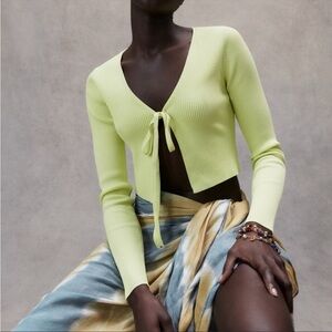 ZARA ribbed green yellow cardigan crop top summer soft M